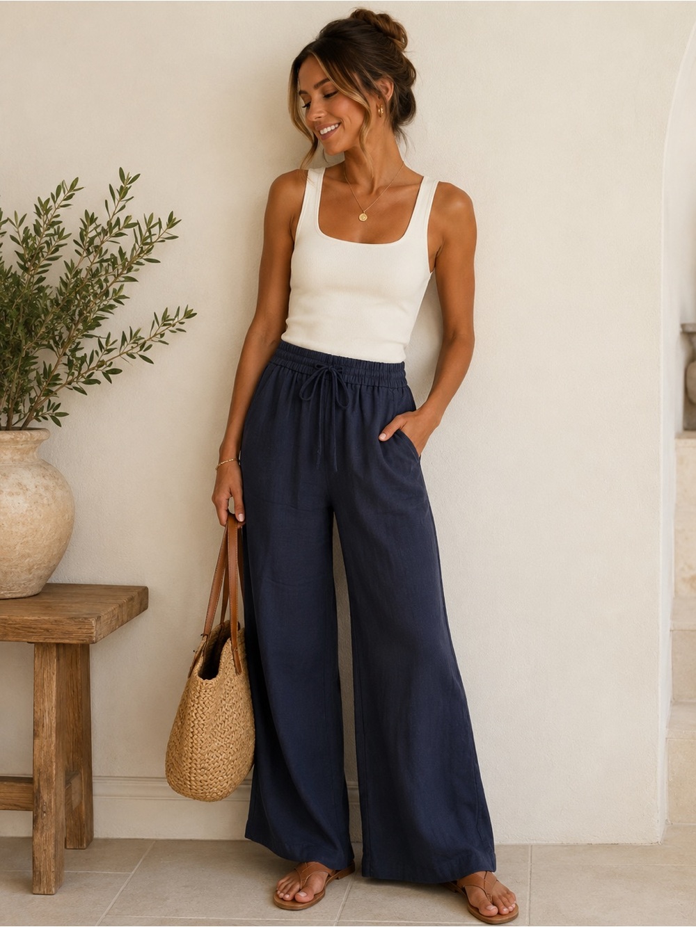 HALARA Navy Wide-Leg Pull-On Pants with Drawstring Large Tall